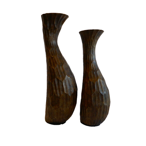 Pair Faux Wood Rustic Resin Curvy Textured Pillar Candle Holders - Picture 10 of 16